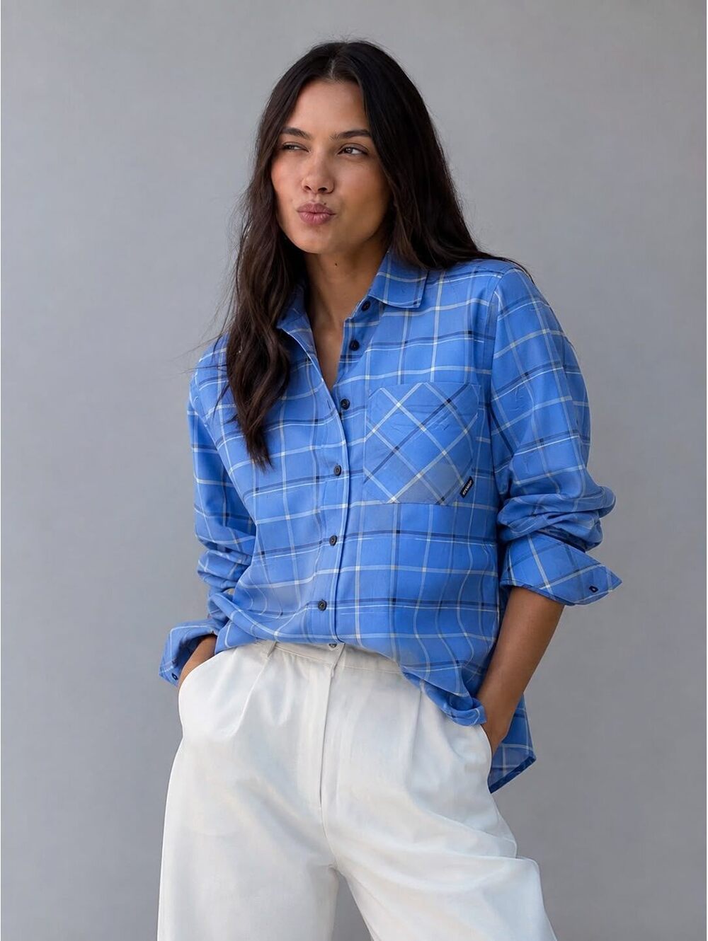 Dress by Stesha Moscow Designer Blue Plaid Oversized Button Down Shirt Size S-M - Picture 2 of 15